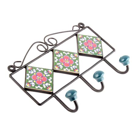 Forest Green Red Floral Tiles Hooks